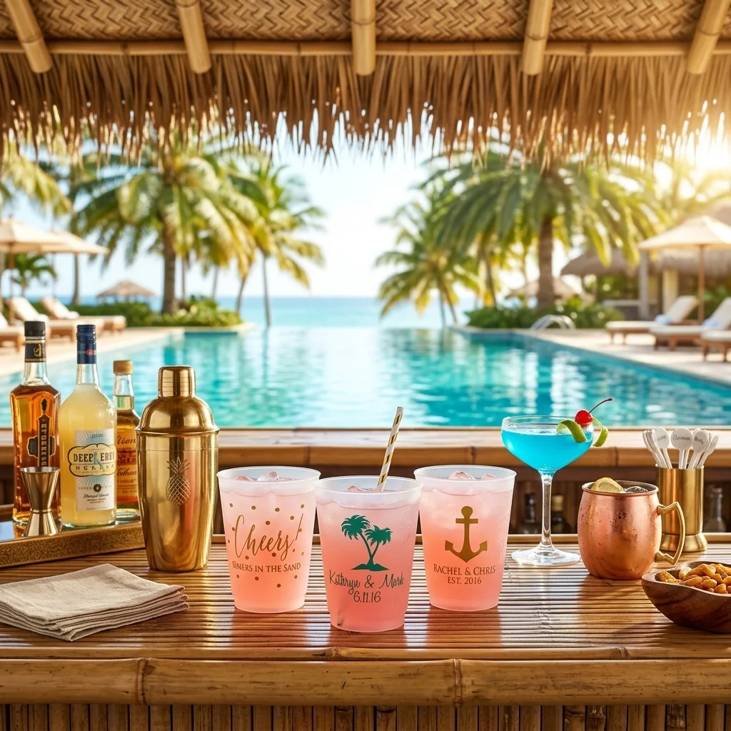 Custom frost flex cups at tropical resort tiki bar