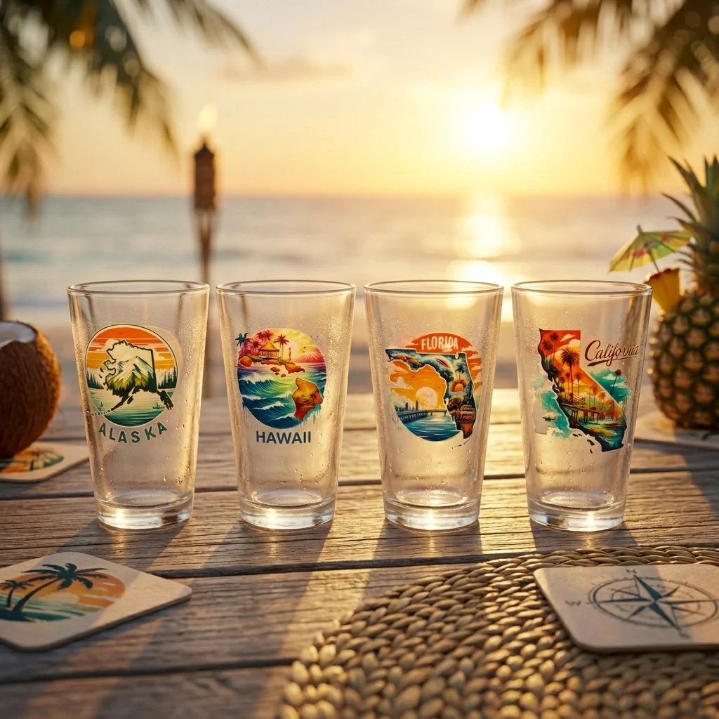 UV rotary printed glass pint with detailed multi-color artwork