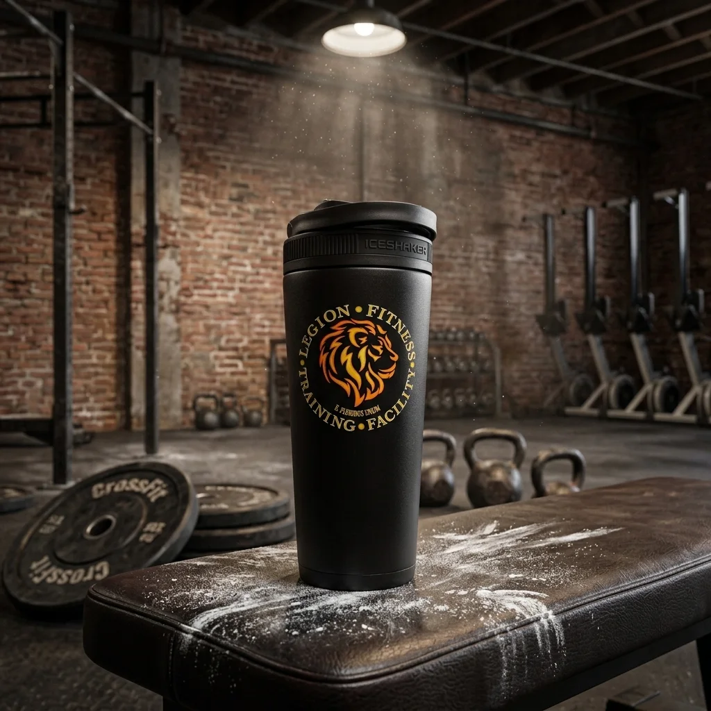 Legion-branded matte black tumbler in CrossFit gym