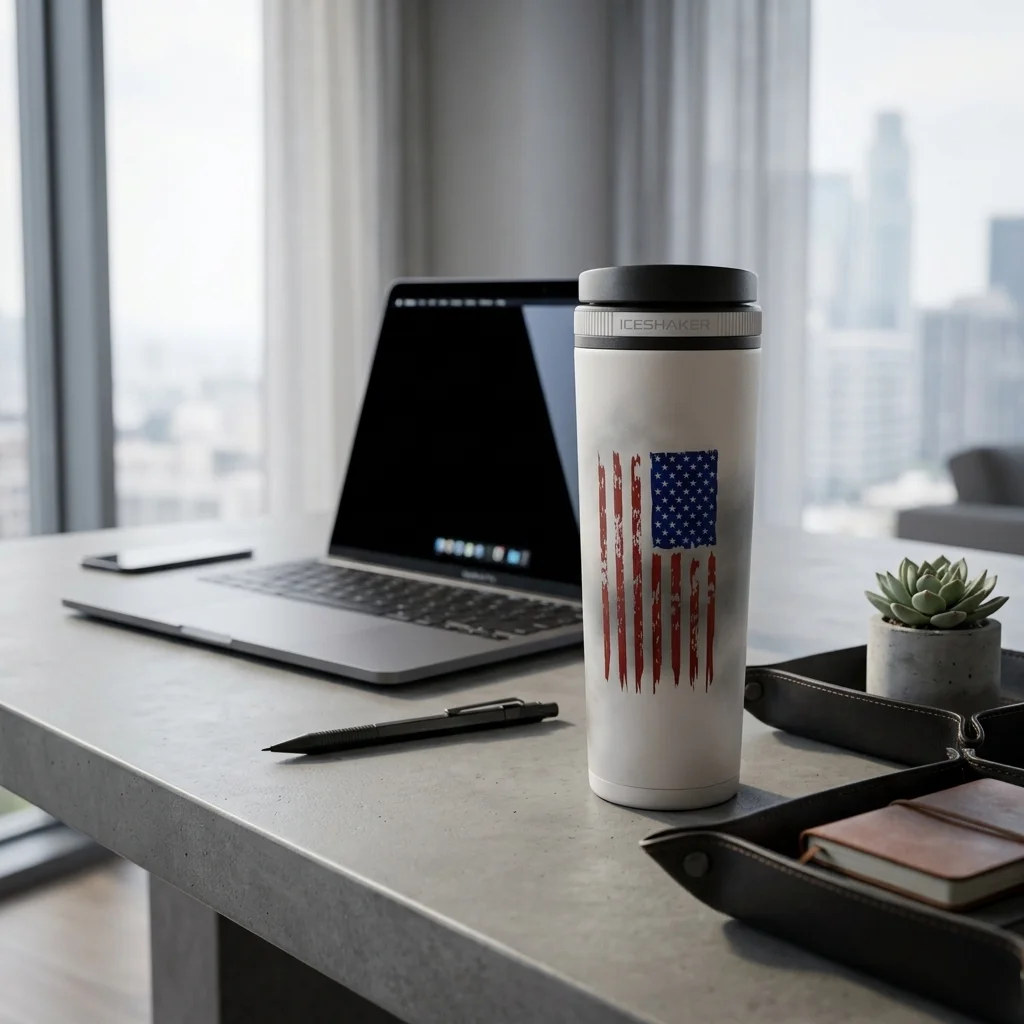 Mode-branded minimalist stainless tumbler on modern workspace desk