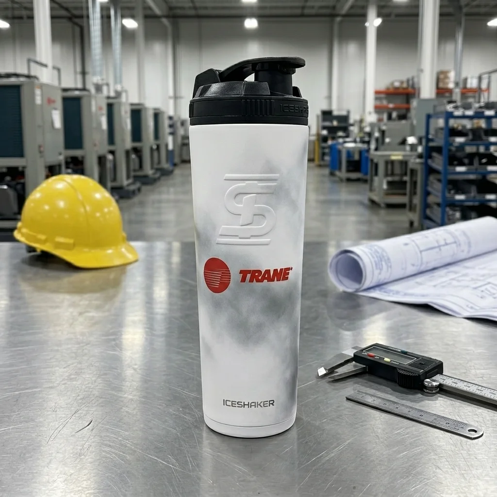 Trane-branded stainless tumbler on industrial HVAC worksite